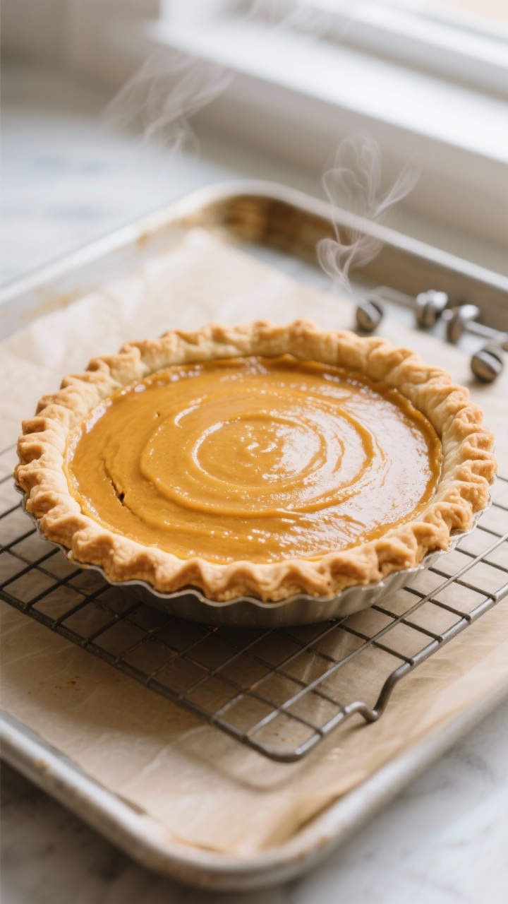 Close-up detail: A just-baked vegan pumpkin pie cooling on a wire rack, golden crimped flaky vegan c