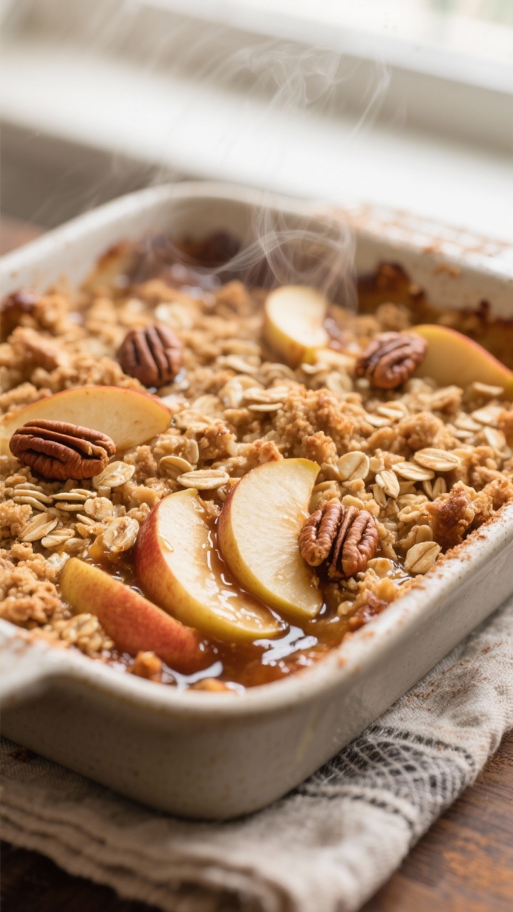 Close-up detail: A warm plant-based apple crisp fresh from the oven, showing jammy, cinnamon-and-nut