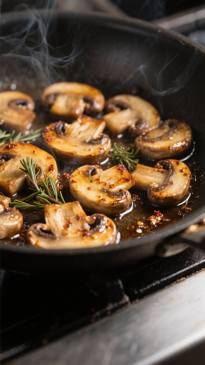 Close-up detail: Golden-browned cremini mushroom slices sizzling in a wide skillet with glossy, redu