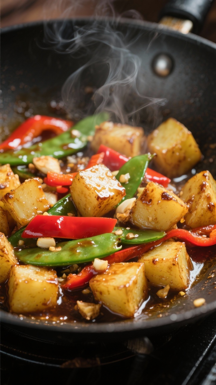 Cooking process, close-up detail: Golden, par-cooked potato cubes sizzling in a carbon steel wok, ed