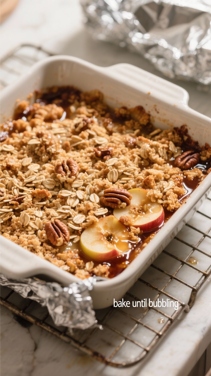 Cooking process: Mid-bake action shot of the assembled apple crisp inside a 9x9 baking dish just pul