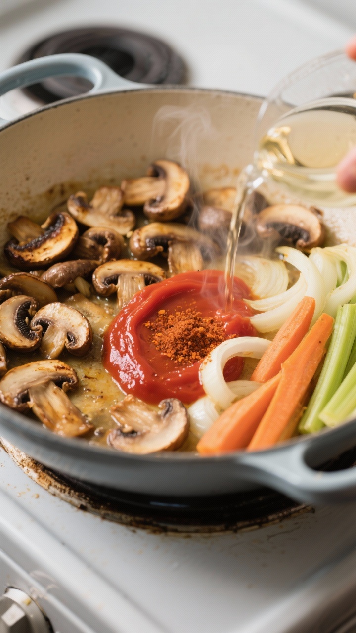 Cooking process — Searing mushrooms and building umami: Close-up of caramelized sliced cremini and