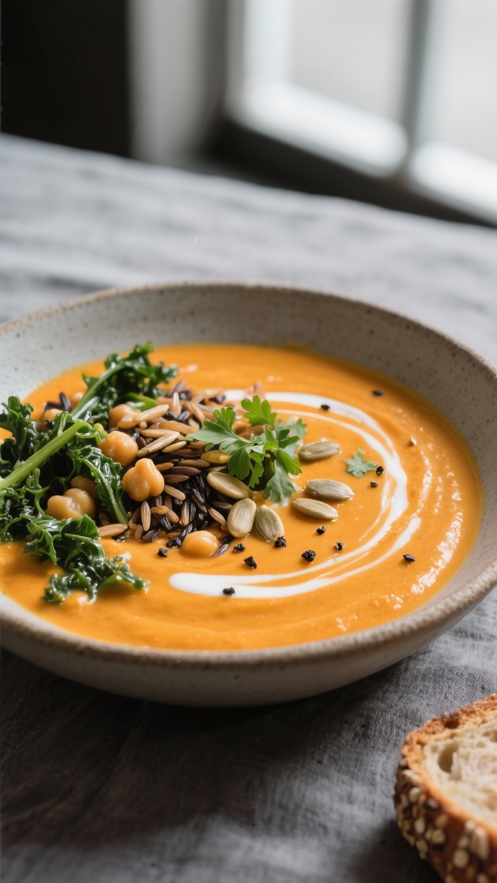 Final dish, plated beauty shot: Creamy Pumpkin Wild Rice Soup served in a wide, low, matte stoneware