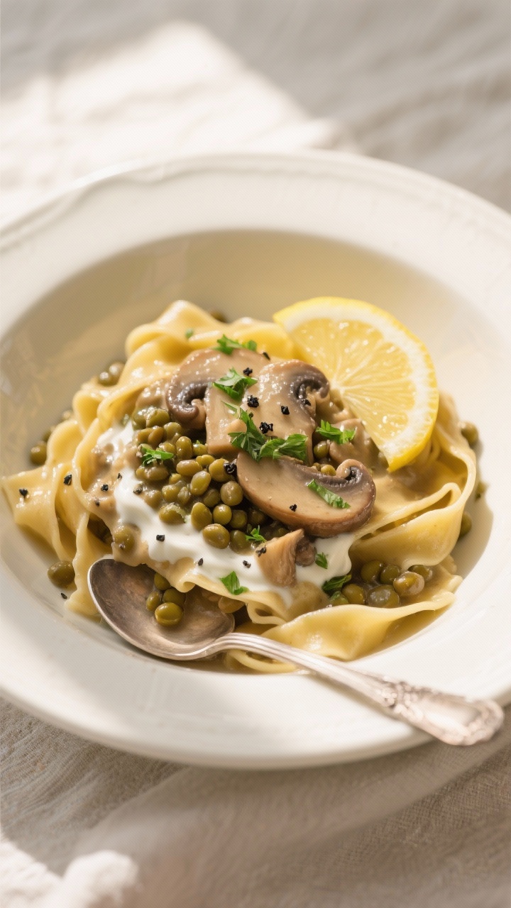 Final dish presentation: Vegan Lentil Mushroom Stroganoff spooned over wide egg-free pappardelle-sty
