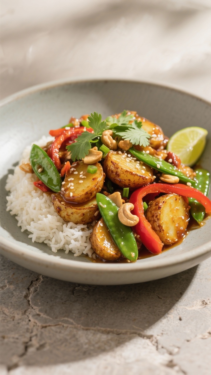 Final plated dish, restaurant-level presentation: Beautifully plated bowl of Potato Stir Fry Vegan o