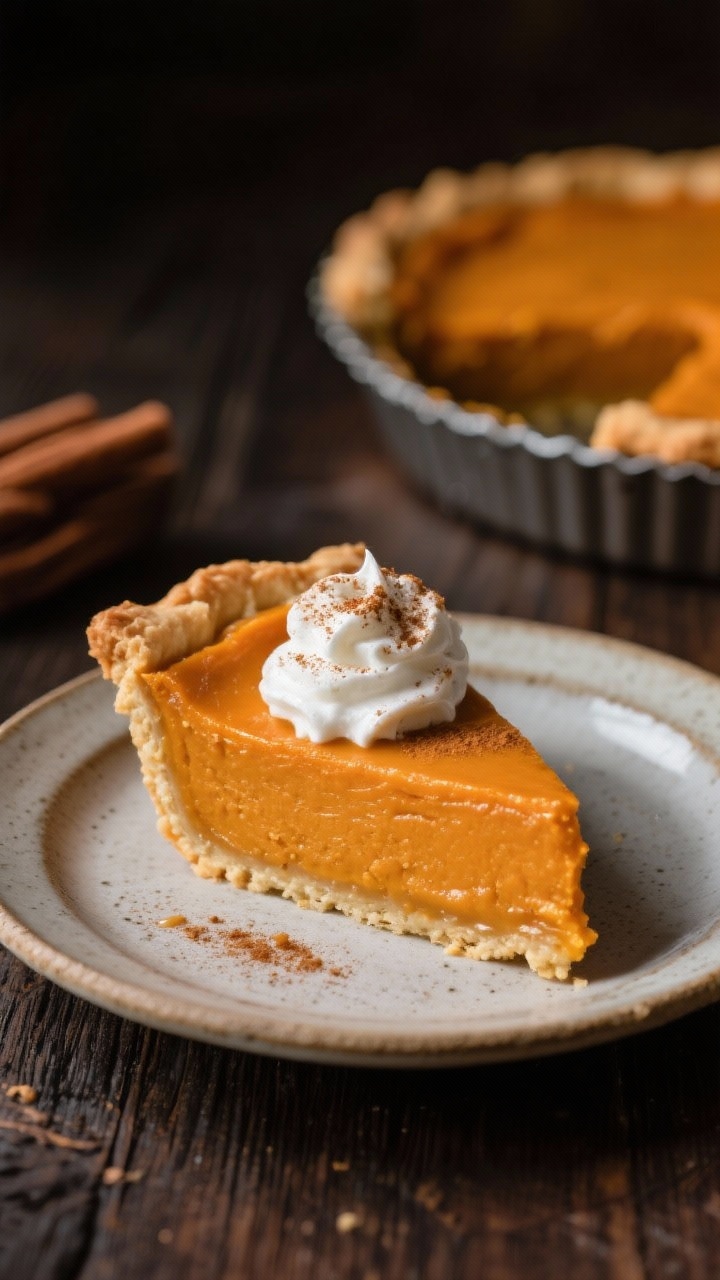 Final plated hero: A single, thick slice of vegan pumpkin pie on a small stoneware plate, rich orang