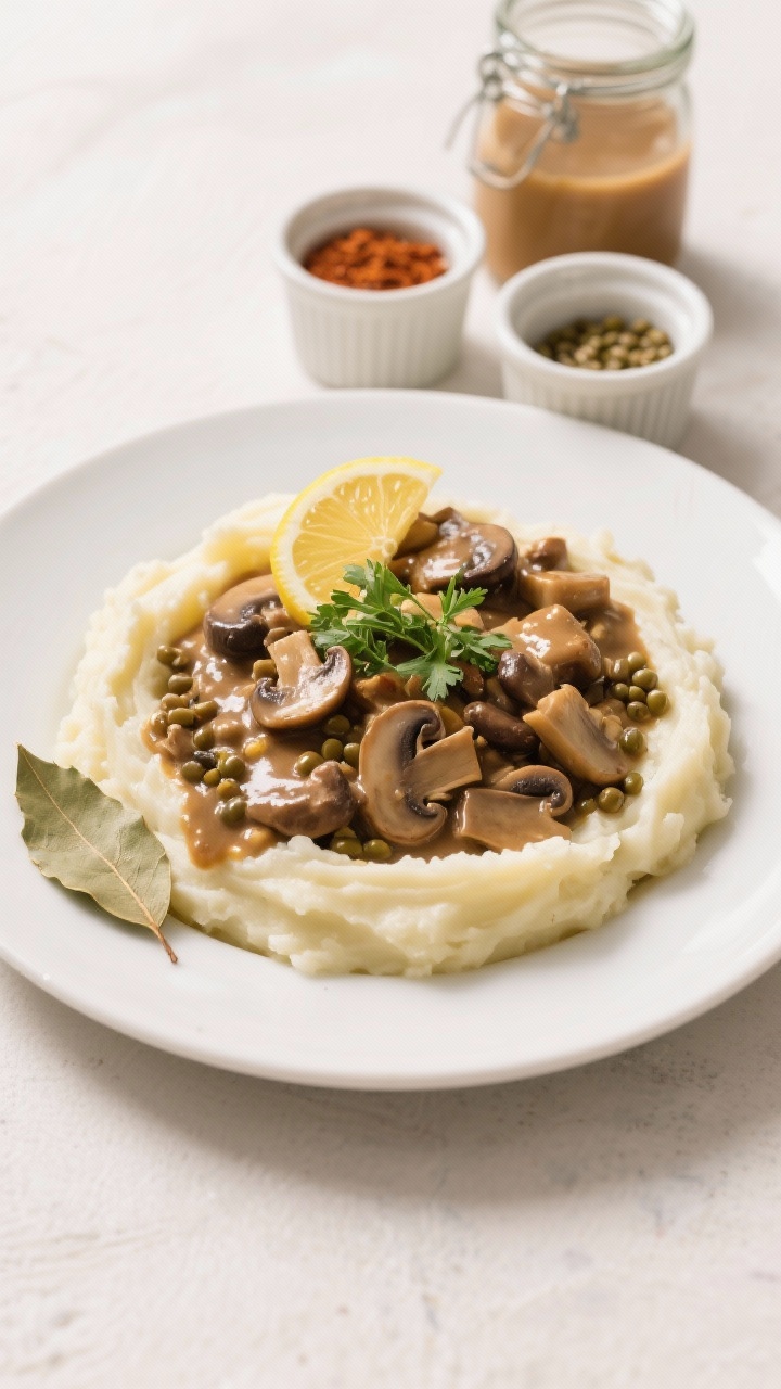 Overhead tasty top view: Hearty stroganoff ladled onto creamy mashed potatoes, sauce pooled and glos