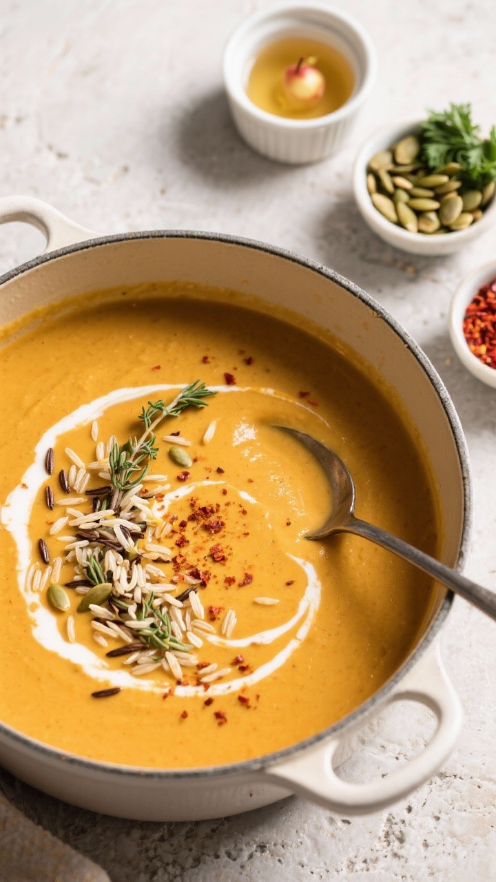 Tasty top-down overview: Overhead shot of a one-pot finish—silky pumpkin-coconut soup just stirred