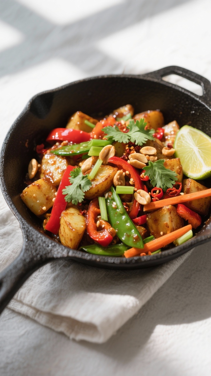 Tasty top view, overhead: Overhead shot of the finished Potato Stir Fry Vegan in a wide black skille