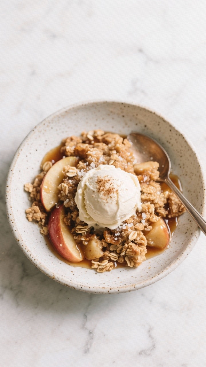Tasty top view: Overhead shot of a single serving of apple crisp in a shallow speckled bowl, topped