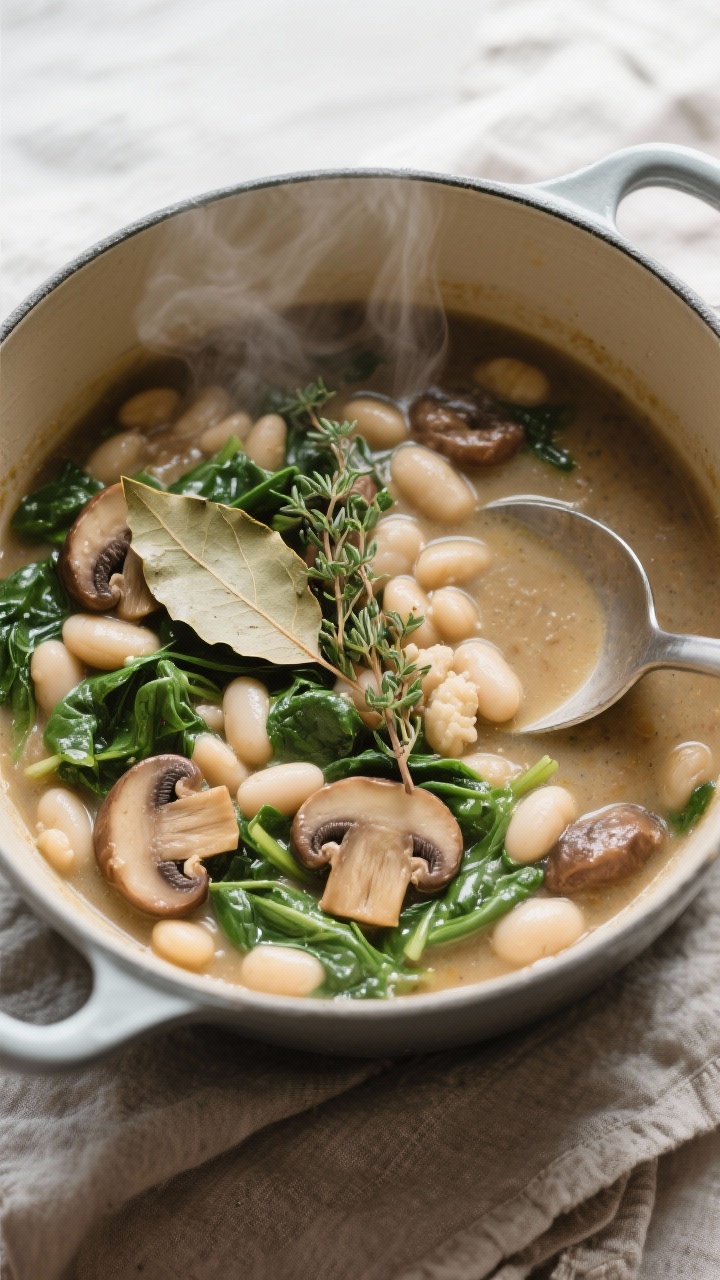 Tasty top view — Simmered stew with beans and greens: Overhead shot of the vegan white bean mushro